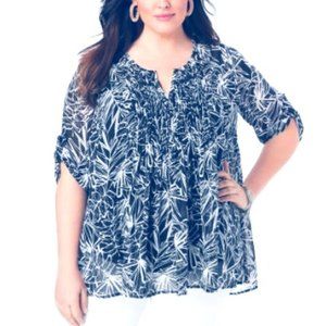 Black Floral Pleated Short Sleeve Top